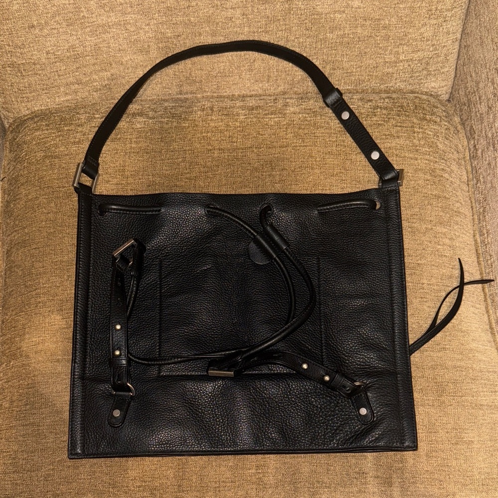 All Saints Black Leather Drawstring Shoulder Bag
